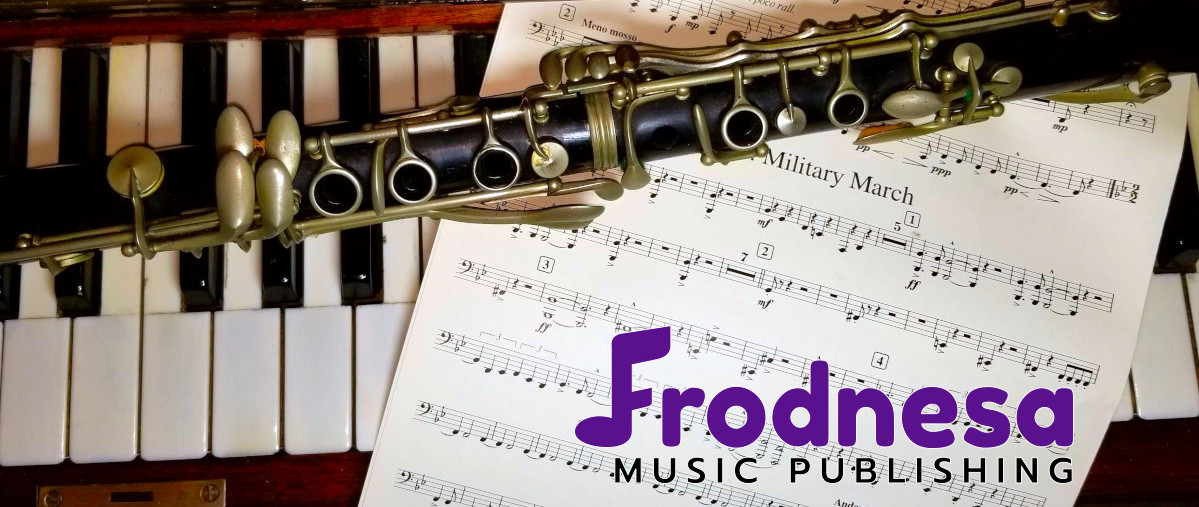 Piano keyboard, clarinet, piece of sheet music with the Frodnesa Music Publishing Logo
